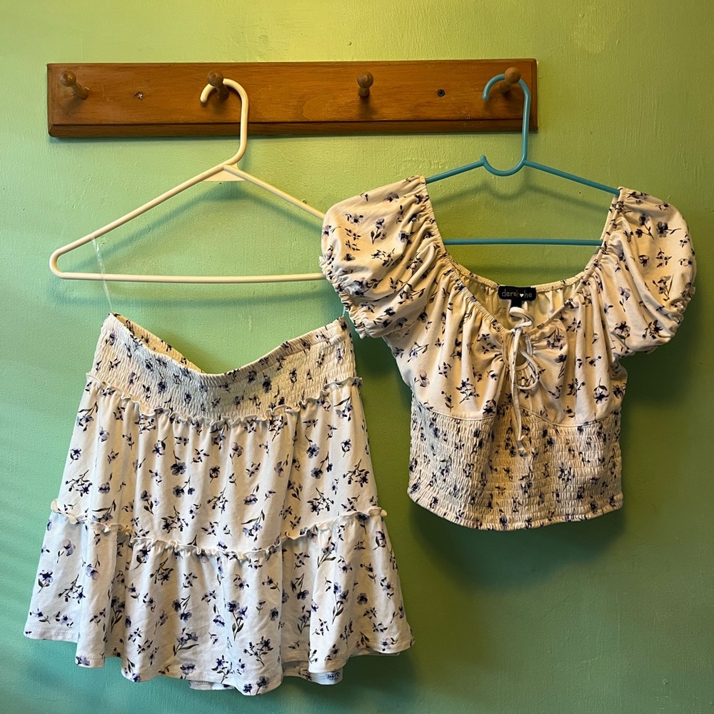 Floral White and Blue Crop Top and Skirt Set